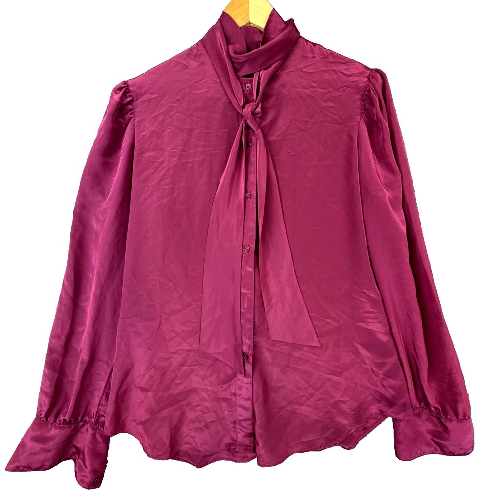 Vintage The Villager Secretary Blouse Womens Pink Satin‎ Office Siren Neck Bow